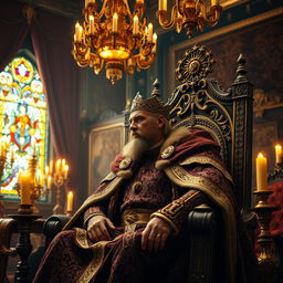A majestic king sitting on an ornate throne in an opulent room