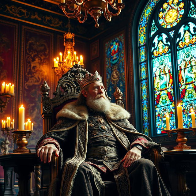 A majestic king sitting on an ornate throne in an opulent room