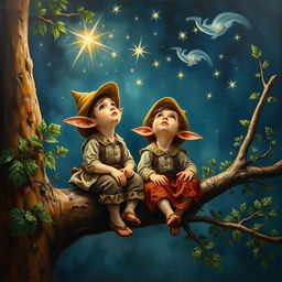An oil painting on canvas in the style of the 18th century, depicting two small and charming friends with pointy ears dressed in rustic clothing, wearing hats on their heads