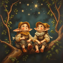 An oil painting on canvas in the style of the 18th century, depicting two small and charming friends with pointy ears dressed in rustic clothing, wearing hats on their heads