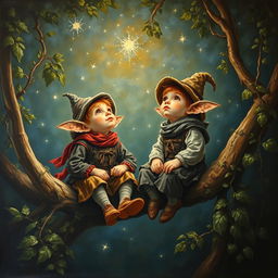 An oil painting on canvas in the style of the 18th century, depicting two small and charming friends with pointy ears dressed in rustic clothing, wearing hats on their heads