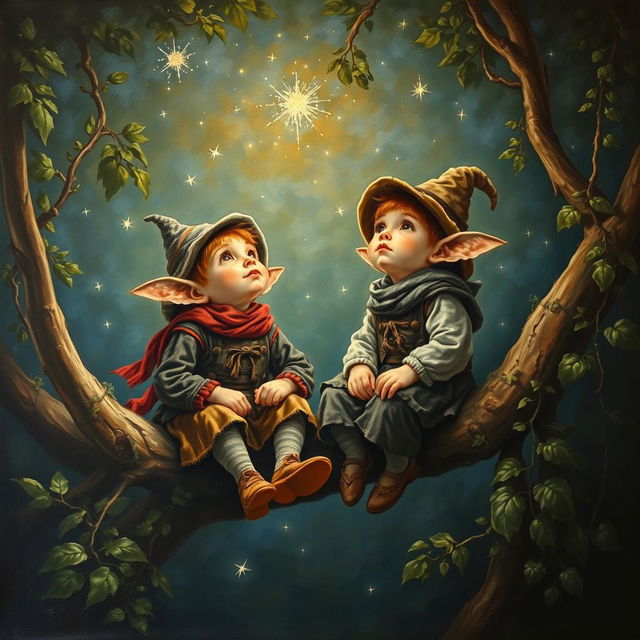 An oil painting on canvas in the style of the 18th century, depicting two small and charming friends with pointy ears dressed in rustic clothing, wearing hats on their heads