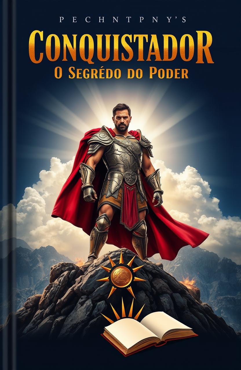 A striking book cover design featuring a powerful conqueror standing atop a rugged mountain peak, exuding strength and confidence