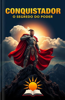 A striking book cover design featuring a powerful conqueror standing atop a rugged mountain peak, exuding strength and confidence