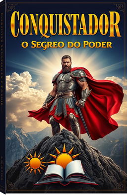 A striking book cover design featuring a powerful conqueror standing atop a rugged mountain peak, exuding strength and confidence