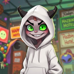 A new character for Hazbin Hotel, featuring a humanoid figure with a white hoodie that has an oversized, slouchy design