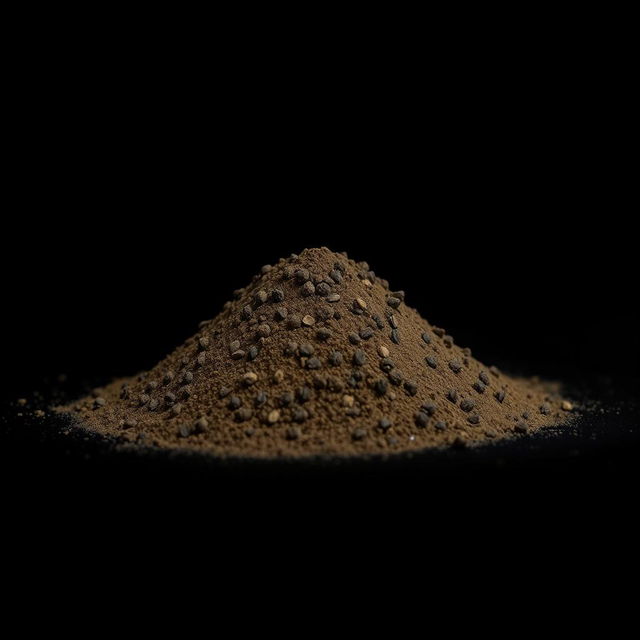 A mound of black pepper powder neatly piled on a flat surface, with no other objects in the image