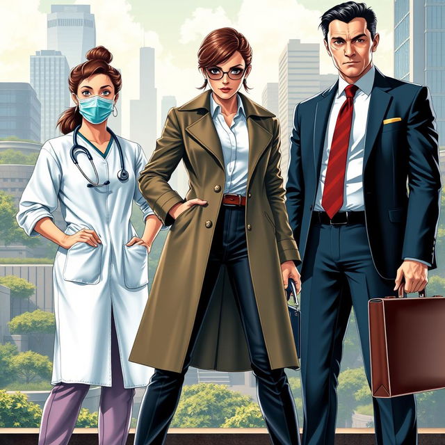 A dynamic scene showcasing three characters in a professional setting