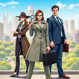 A dynamic scene showcasing three characters in a professional setting