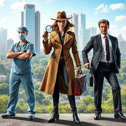 A dynamic scene showcasing three characters in a professional setting