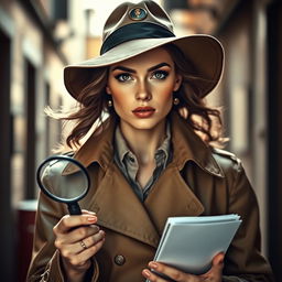 A captivating portrait of a female detective, radiating confidence and intelligence