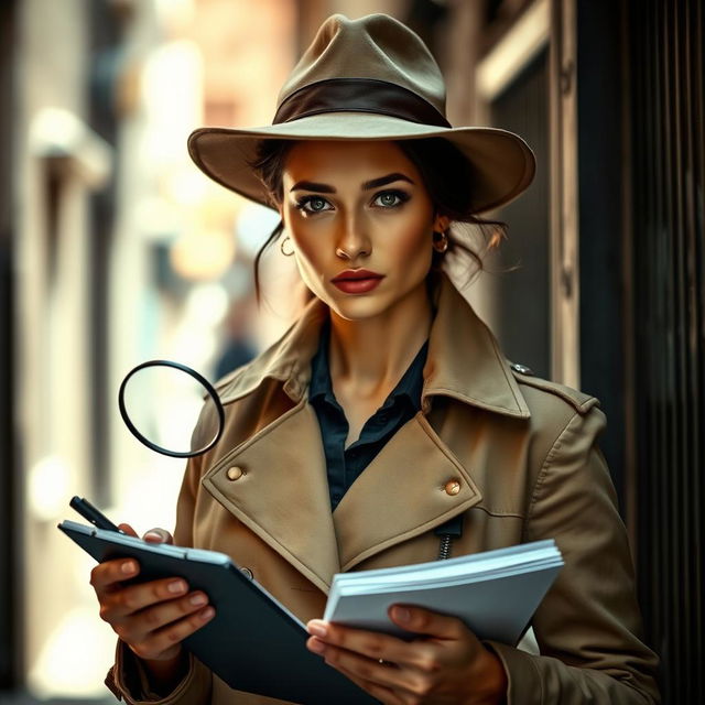 A captivating portrait of a female detective, radiating confidence and intelligence