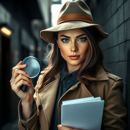 A captivating portrait of a female detective, radiating confidence and intelligence
