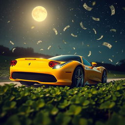A bright yellow Ferrari speeding through a field of clover under a starry night sky, with cash bills raining down from the sky, creating a dynamic and whimsical scene
