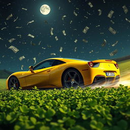 A bright yellow Ferrari speeding through a field of clover under a starry night sky, with cash bills raining down from the sky, creating a dynamic and whimsical scene