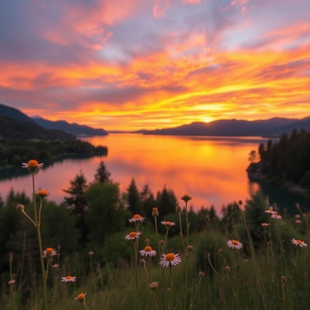 A serene landscape scene featuring a beautiful sunset over a tranquil lake surrounded by lush green trees and mountains in the distance