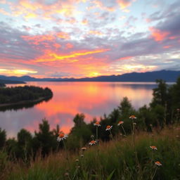A serene landscape scene featuring a beautiful sunset over a tranquil lake surrounded by lush green trees and mountains in the distance