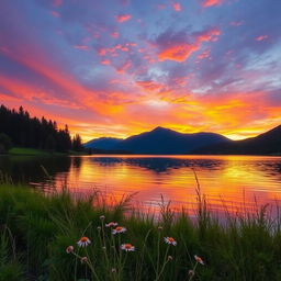 A serene landscape scene featuring a beautiful sunset over a tranquil lake surrounded by lush green trees and mountains in the distance