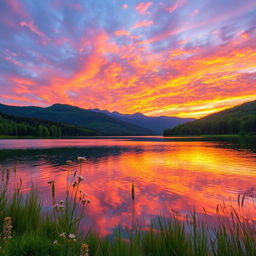 A serene landscape scene featuring a beautiful sunset over a tranquil lake surrounded by lush green trees and mountains in the distance