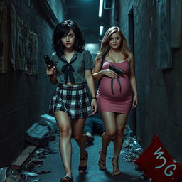A striking photographic image set in a narrow, dark, dimly lit alley cluttered with garbage, featuring faded 'Wanted' posters on the walls
