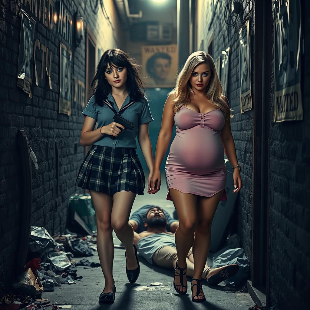 A striking photographic image set in a narrow, dark, dimly lit alley cluttered with garbage, featuring faded 'Wanted' posters on the walls