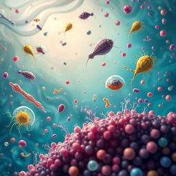 An intricate and detailed illustration of protozoa actively involved in the regulation of microbial populations