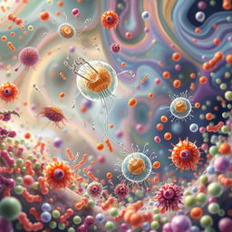 An intricate and detailed illustration of protozoa actively involved in the regulation of microbial populations