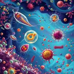 An intricate and detailed illustration of protozoa actively involved in the regulation of microbial populations