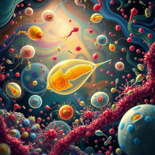 An intricate and detailed illustration of protozoa actively involved in the regulation of microbial populations