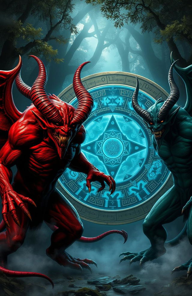 Two imposing demons, one with crimson red skin and large curved horns, and the other with dark green skin and glowing yellow eyes, stand menacingly in front of a mystical spell circle