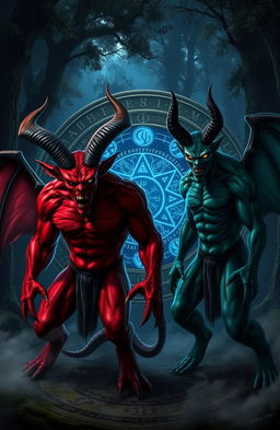 Two imposing demons, one with crimson red skin and large curved horns, and the other with dark green skin and glowing yellow eyes, stand menacingly in front of a mystical spell circle