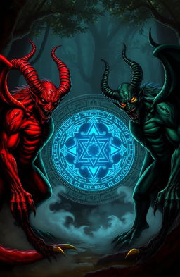Two imposing demons, one with crimson red skin and large curved horns, and the other with dark green skin and glowing yellow eyes, stand menacingly in front of a mystical spell circle