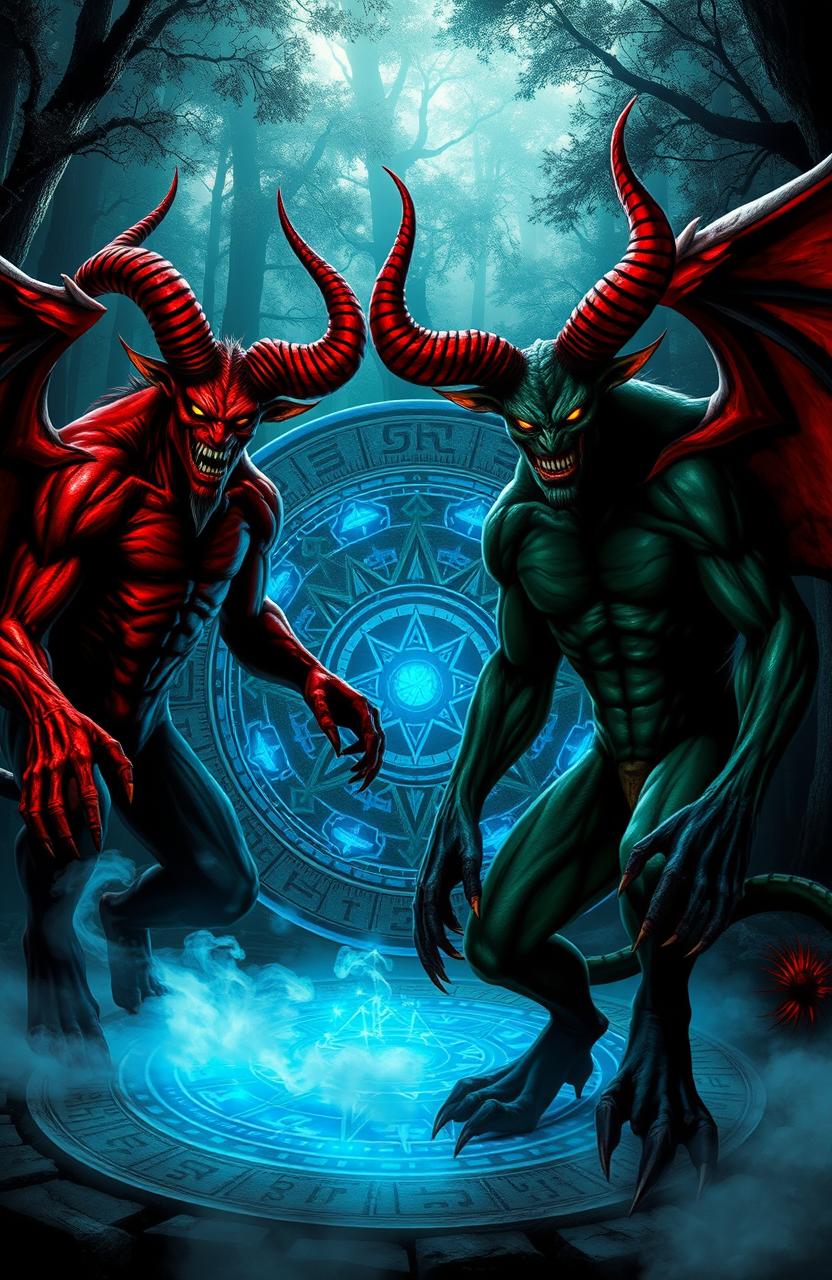 Two imposing demons, one with crimson red skin and large curved horns, and the other with dark green skin and glowing yellow eyes, stand menacingly in front of a mystical spell circle