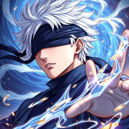 A semi-realistic portrait of Gojo Satoru from 'Jujutsu Kaisen', showcasing him performing a powerful domain expansion