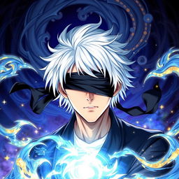 A semi-realistic portrait of Gojo Satoru from 'Jujutsu Kaisen', showcasing him performing a powerful domain expansion