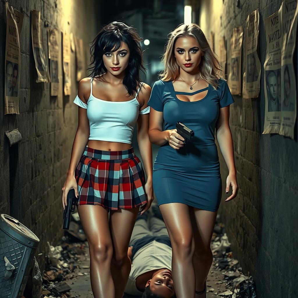 A striking photographic image set in a narrow, dark, dimly lit alley filled with garbage, featuring worn 'Wanted' posters peeling from the walls