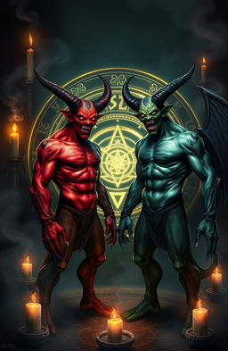 Two demonoids with distinct features, one with red skin and horns, the other with greenish skin and sharp fangs, standing confidently in front of an intricate spell circle glowing with magical symbols