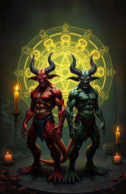 Two demonoids with distinct features, one with red skin and horns, the other with greenish skin and sharp fangs, standing confidently in front of an intricate spell circle glowing with magical symbols