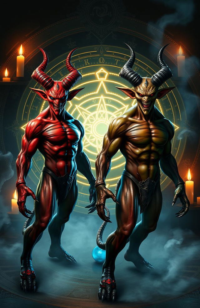 Two demonoids with distinct features, one with red skin and horns, the other with greenish skin and sharp fangs, standing confidently in front of an intricate spell circle glowing with magical symbols