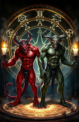 Two demonoids with distinct features, one with red skin and horns, the other with greenish skin and sharp fangs, standing confidently in front of an intricate spell circle glowing with magical symbols
