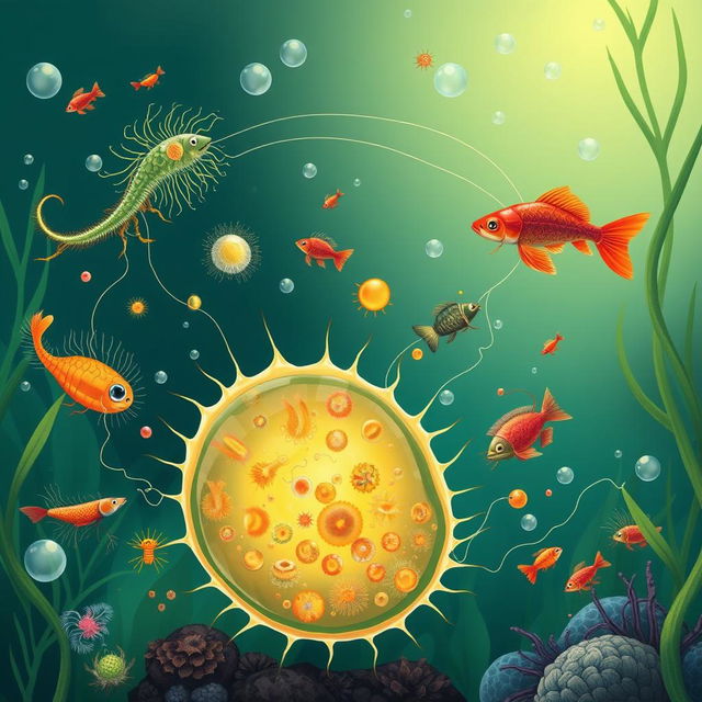 A visually rich and educational illustration depicting protozoa and their impact on the food chain