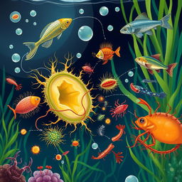 A visually rich and educational illustration depicting protozoa and their impact on the food chain