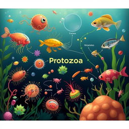A visually rich and educational illustration depicting protozoa and their impact on the food chain