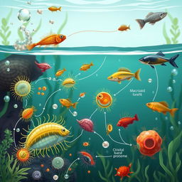 A visually rich and educational illustration depicting protozoa and their impact on the food chain