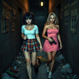 A striking photographic image set in a narrow, dark, dimly lit alley filled with garbage, featuring worn 'Wanted' posters peeling from the walls