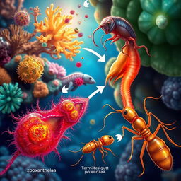 A captivating illustration depicting protozoa engaged in symbiotic interactions