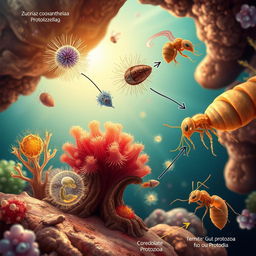 A captivating illustration depicting protozoa engaged in symbiotic interactions