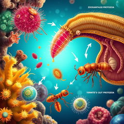 A captivating illustration depicting protozoa engaged in symbiotic interactions