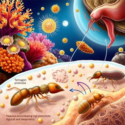 A captivating illustration depicting protozoa engaged in symbiotic interactions