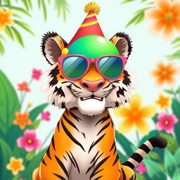 A playful tiger engaging in humorous antics, such as balancing a colorful beach ball on its nose while wearing oversized sunglasses and a silly party hat